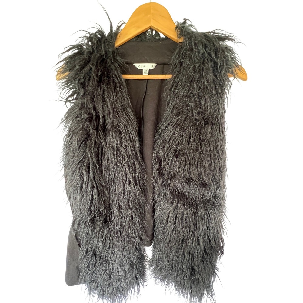 Cabi Shaggy Faux Fur Vest Black Open Front Knit Back XS